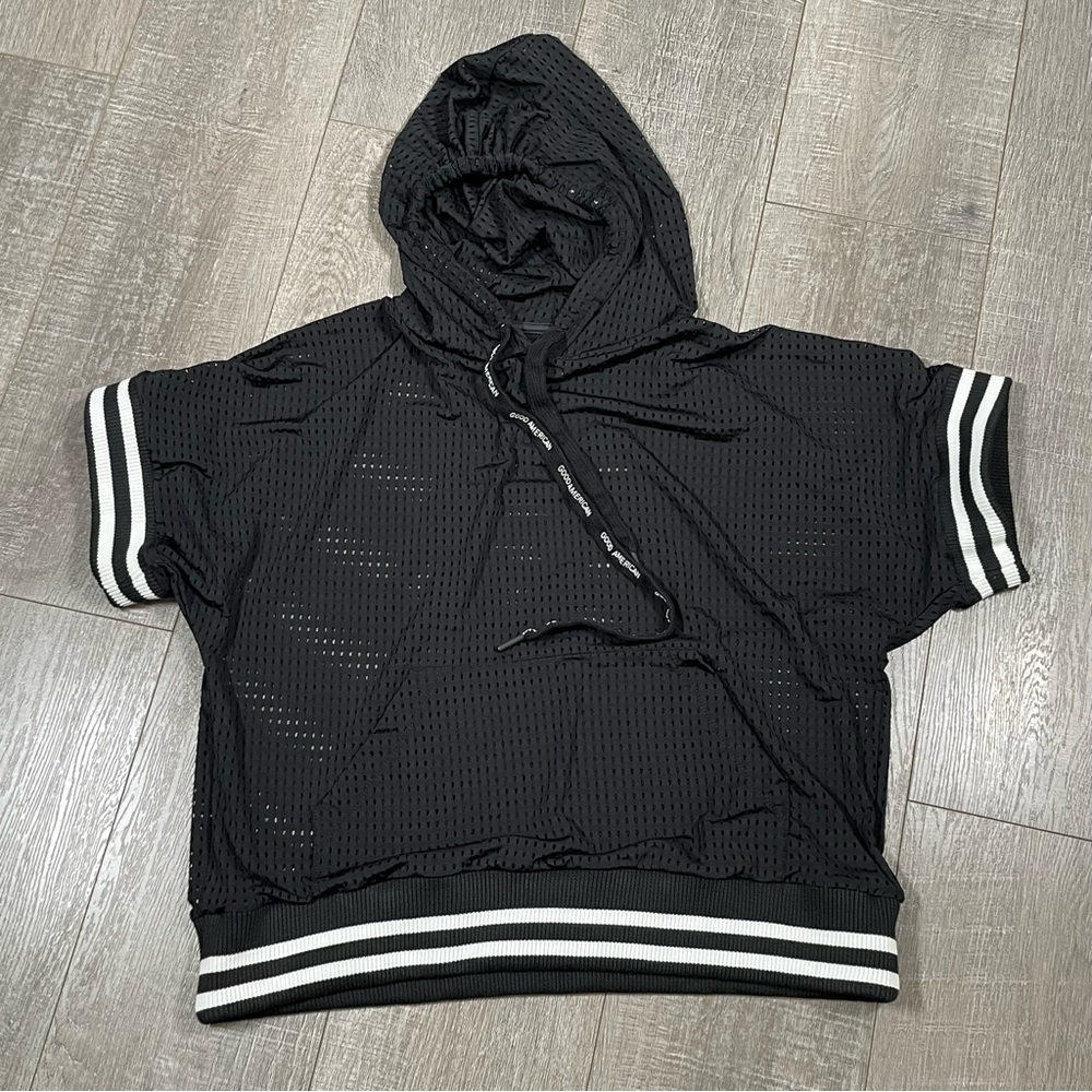 Good American Mesh Perforated Hoodie short sleeve Black Size GA 1 (S) Loose Fit - Picture 3 of 6